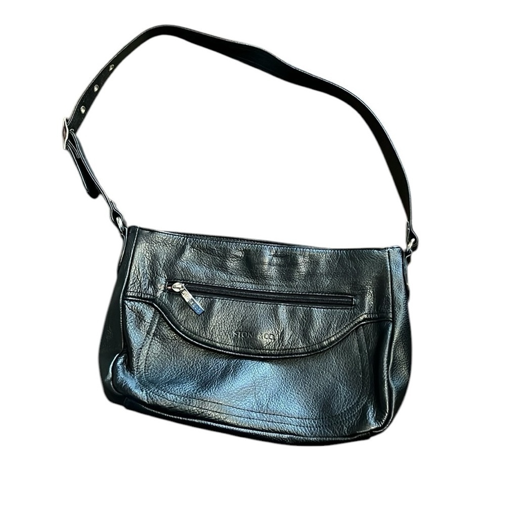 Stone & Co black leather shoulder bag with red and pink interior.